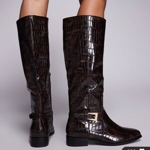 Public Desire Wide Fit Mackie knee boots with buckle in brown croc